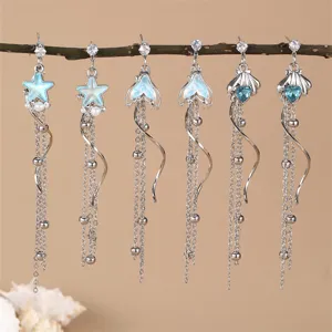 Orecchini a Bottone con Nappa a Stella e Coda di Pesce da Donna Gioielli in Lega Strass Perla Artificiale con Catena Lunga