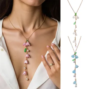 Elegant Alloy Resin Lily Of The Valley Pendant Necklace Vintage Long Y Shape Chain Artificial Pearl Charm Necklace For Women