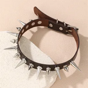 Punk Leather Spike Choker Necklace For Women Silver Rivet Goth Neckband Adjustable Gothic Jewelry For Club Party Night