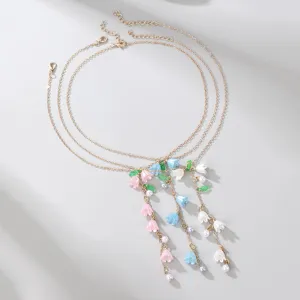 Gold layered Y necklace with colorful enamel bellflower pendants and cute pearls for women.