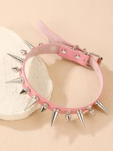 Pink spiked leather choker necklace punk style edgy collar trendy jewelry accessory
