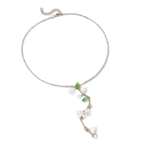 Elegant lily of the valley Y-shaped necklace with pearls and gold-toned chain for women.