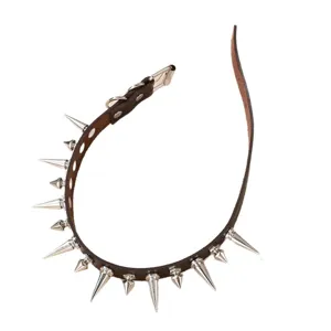 Punk spike choker necklace for women, stylish brown leather gothic collar jewelry.