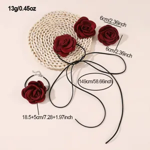 Handmade fabric red rose choker necklace and bracelet set, elegant floral jewelry for women.