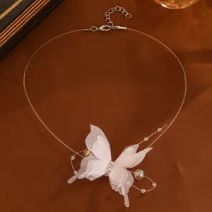 Suesse rosa Chiffon Schmetterling Choker Halskette unsichtbare Angelhaeneschnur Schmuck