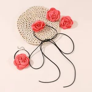 Handmade fabric rose flower choker necklace and bracelet set for women fashion accessories