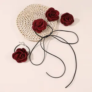Handmade fabric rose flower choker necklace and bracelet set for stylish women jewelry