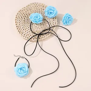 Handmade blue rose flower choker necklace and bracelet set with black cord for women daily wear.
