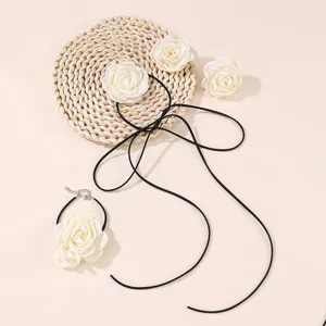Handmade fabric camellia rose choker necklace and bracelet set with black ribbon ties for women.