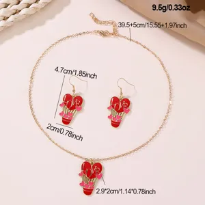 Red pink heart hot air balloon pendant necklace and earrings set alloy jewelry for women gift