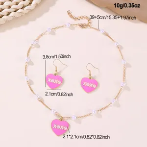 Pink heart pendant necklace and earrings set with faux pearls, elegant gold jewelry set.