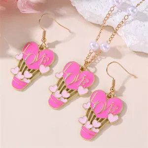 Pink heart hot air balloon enamel necklace and earrings jewelry set for women fashion.