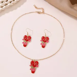 Red pink heart hot air balloon necklace earrings set romantic alloy jewelry for women daily wear