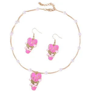 Pink heart hot air balloon drip oil alloy necklace and earrings set with faux pearls for women