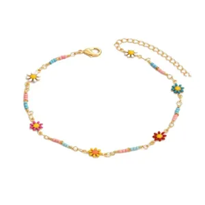 Boho style enamel daisy beaded gold anklet for women, perfect for beach vacation jewelry.
