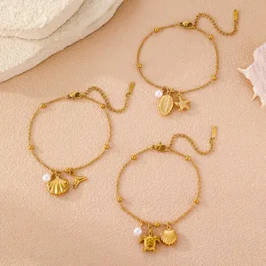 Goldenes Ozean Strand Charms Armband Set für Damen, Muschel Seestern Anhänger Schmuck.