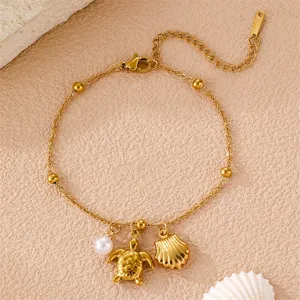 Böhmischer Ozean Stil Gold Fußkettchen Armband mit Schildkröte Muschel Perle Strand Schmuck