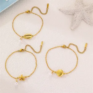 Goldfarbene Muschel Seestern Perlen Armbänder Set Böhmischer Strand Urlaub Schmuck Damen.