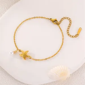 Goldener Seestern und Perlen Anhänger Armband, Strand Ozean Stil Modeschmuck für Frauen.