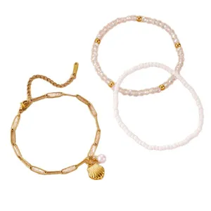 Böhmischer Strand Muschel Perle Perlen Armband Set, stilvoller mehrlagiger Goldschmuck für Damen.
