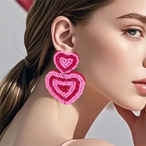 Orecchini Pendenti a Doppio Cuore in Perline di Semi San Valentino Rosa Rosso Paillettes Strass Lega Cuore Orecchini per Donna Gioielli da Festa