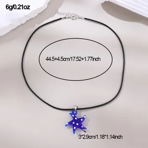 Blauer Glas Seestern Anhänger Halskette mit schwarzem Wachsseil verstellbare Kette Damen Schmuck.