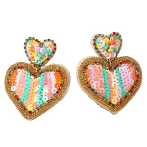 Orecchini pendenti a doppio cuore con paillettes colorate, fatti a mano per donne.