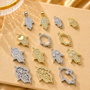 Vergoldetes Kupfer Hamsa Hand Anhänger Mikro Pavé Strass Fatima Hand Charms Für DIY Schmuckherstellung Halsketten Zubehör Damen