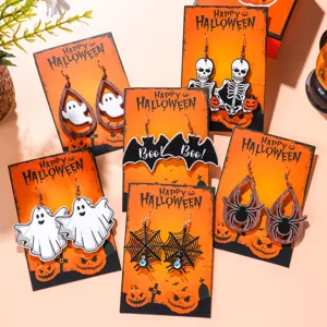 Halloween dangle earrings set with ghost bat spider charms on orange display cards