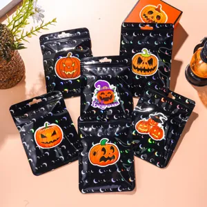 Laser holographic black Halloween packaging pouches with cartoon pumpkin prints