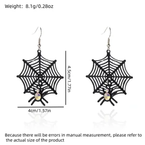 Detail view of black Halloween spider web drop earrings with dimensions and weight info