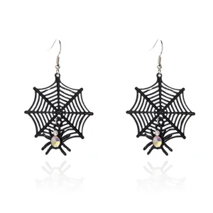 Gothic Halloween spiderweb dangle earrings with iridescent spider charms for women's party