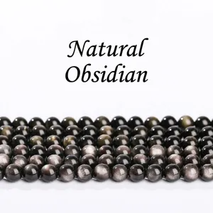 Natural Silver Sheen Golden Obsidian Loose Beads Round Smooth Polished Beads For DIY Bracelet Necklace Jewelry Making Cat Eye Stone Beads