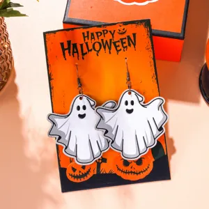 Detailed view of white cartoon ghost earrings on a themed Happy Halloween display card.