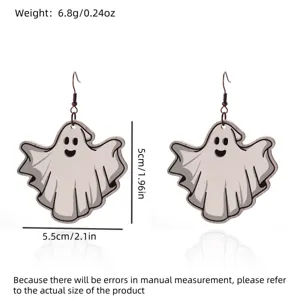 Macro view showing dimensions and weight of cartoon ghost drop earrings for Halloween