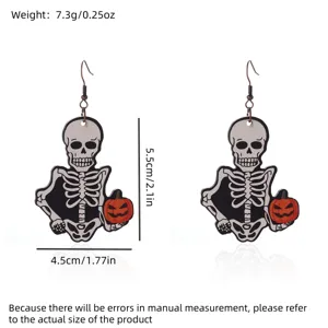 Detailed view of Halloween cartoon skeleton earrings with pumpkin showing dimensions and weight