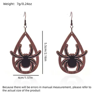 Halloween spider drop earrings with wood grain texture and measurement details