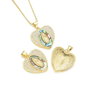 Collar con colgante de corazón dorado con concha abulón y circonitas para joyería religiosa DIY.