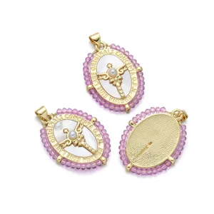 Vintage 18K gold plated oval religious cross pendant with pink beaded border jewelry making