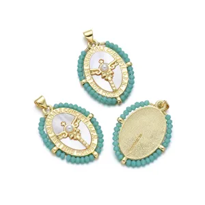 Retro 18k gold plated turquoise beaded oval pearl cross pendant jewelry accessories