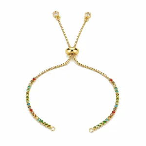 Vergoldete Boxkettchen-Schiebe-Armband mit bunten mikroeingelegten Zirkonia-Steinen.
