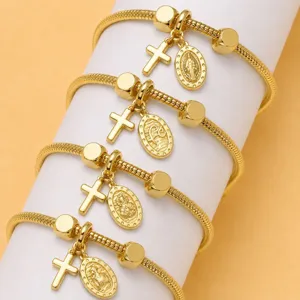 Bracciale a Catena a Serpente in Rame Placcato Oro per Donna Con Ciondolo Ritratto Religioso Croce Cuore Strass