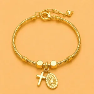 Bracciale a serpente dorato con ciondolo croce e ritratto per donna gioiello moda