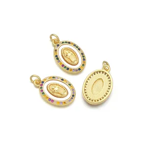 Gold plated religious portrait pendant necklace accessory with colorful cubic zirconia.