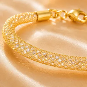 Bracciale Tubolare Rete Strass 3MM Placcato Oro 18K Cristallo Brillante Chiusura DIY Nuo