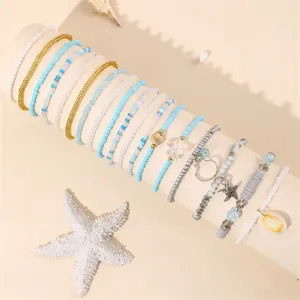 Böhmische Strand-Perlenarmband-Set mit Muscheln und Seesternen, ideal für Sommer.