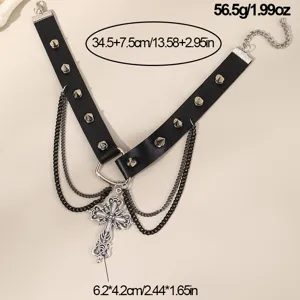 Gotisches Punk schwarzes PU Leder Choker Halsband mit Metallkette und Kreuz Anhänger.
