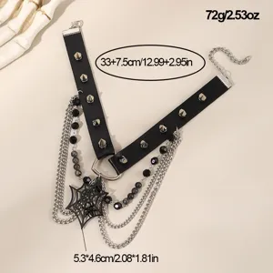 Gotische Punk schwarze Leder Choker Halskette mit Nieten Ketten und Spinnennetz Anhänger.