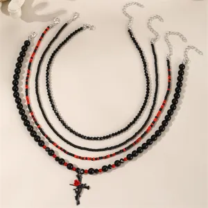 Gotisch schwarz rot perlen lagige halskette set mit kreuz rose anhänger für damen schmuck