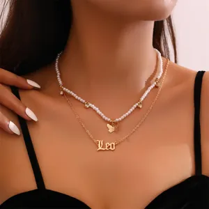 Doppelreihige Perlenkette mit Leo Sternzeichen Schmetterling Anhänger für Damen elegant